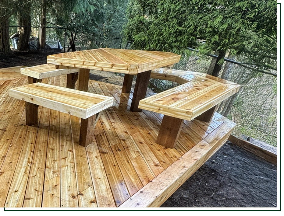 deck with built in table and benches
