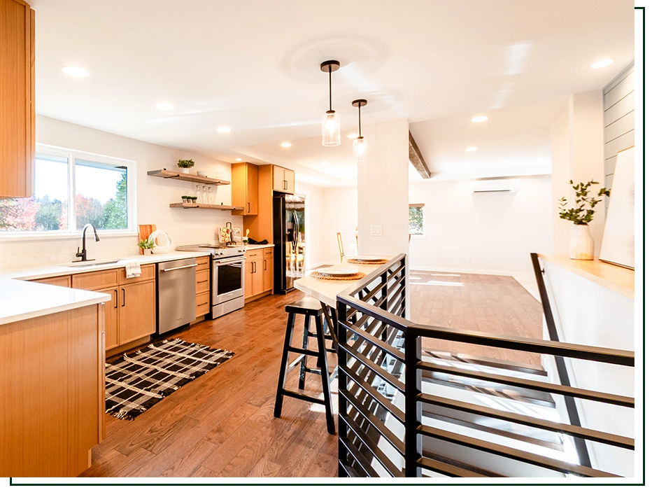 open kitchen and modern stair railing